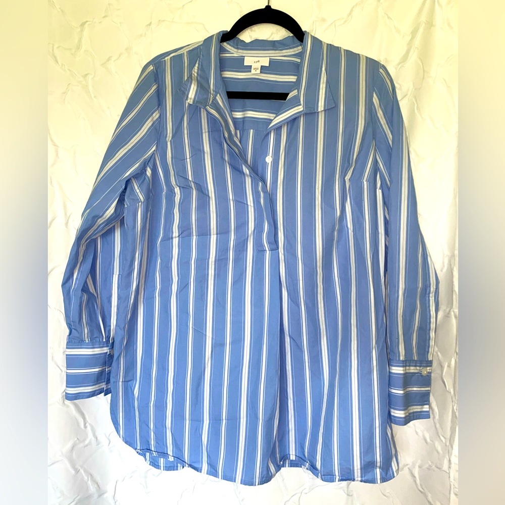 J.Jill Blue Striped Women's Oversized Collared Tunic Button Top Medium Cotton